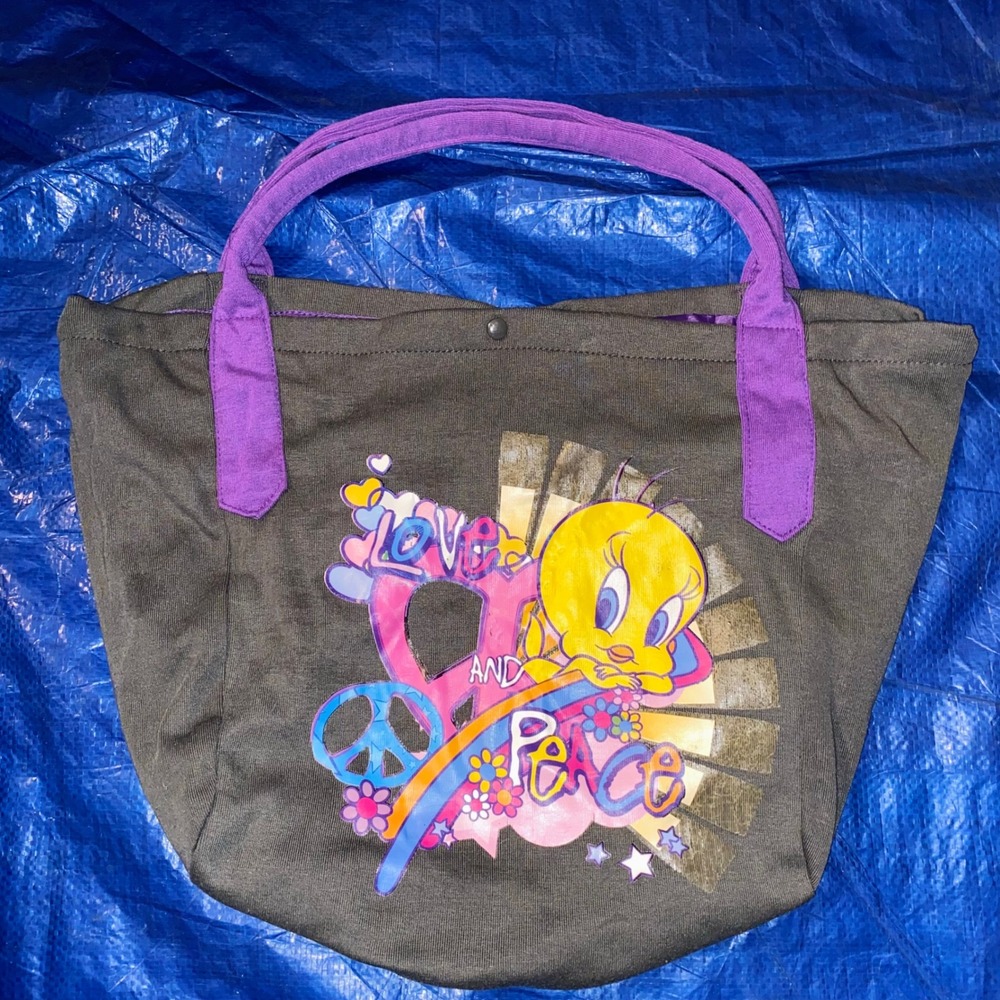 Tweety Bird Love & Peace Tote Bag Warner Bros Purple Black Y2K Looney Tunes